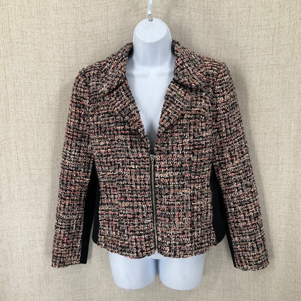 White House Black Market Jacket Womens 8 Pink Wool Blend Zip Tweed Classic Boho